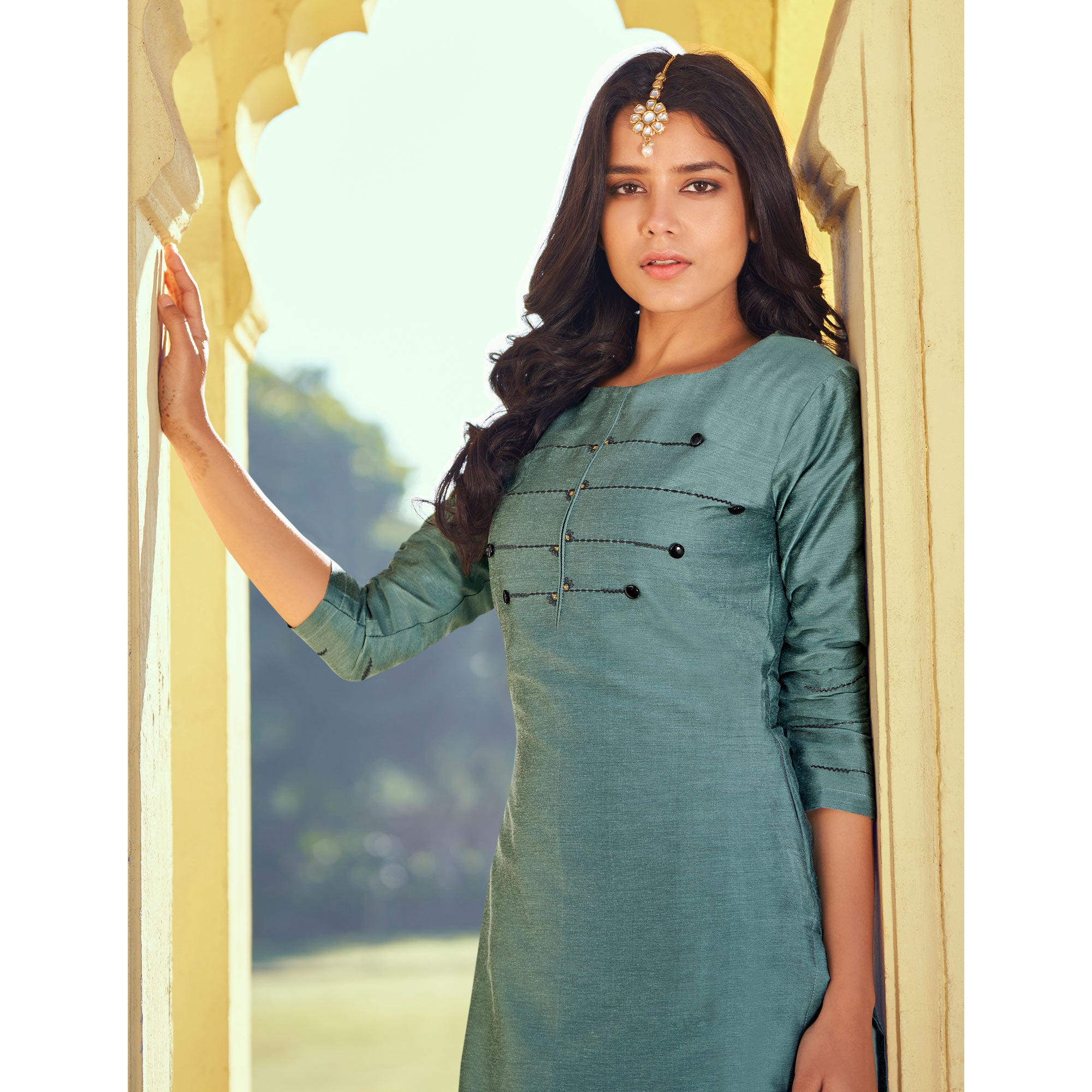 Green Embroidered Art Silk Kurti Pant Set