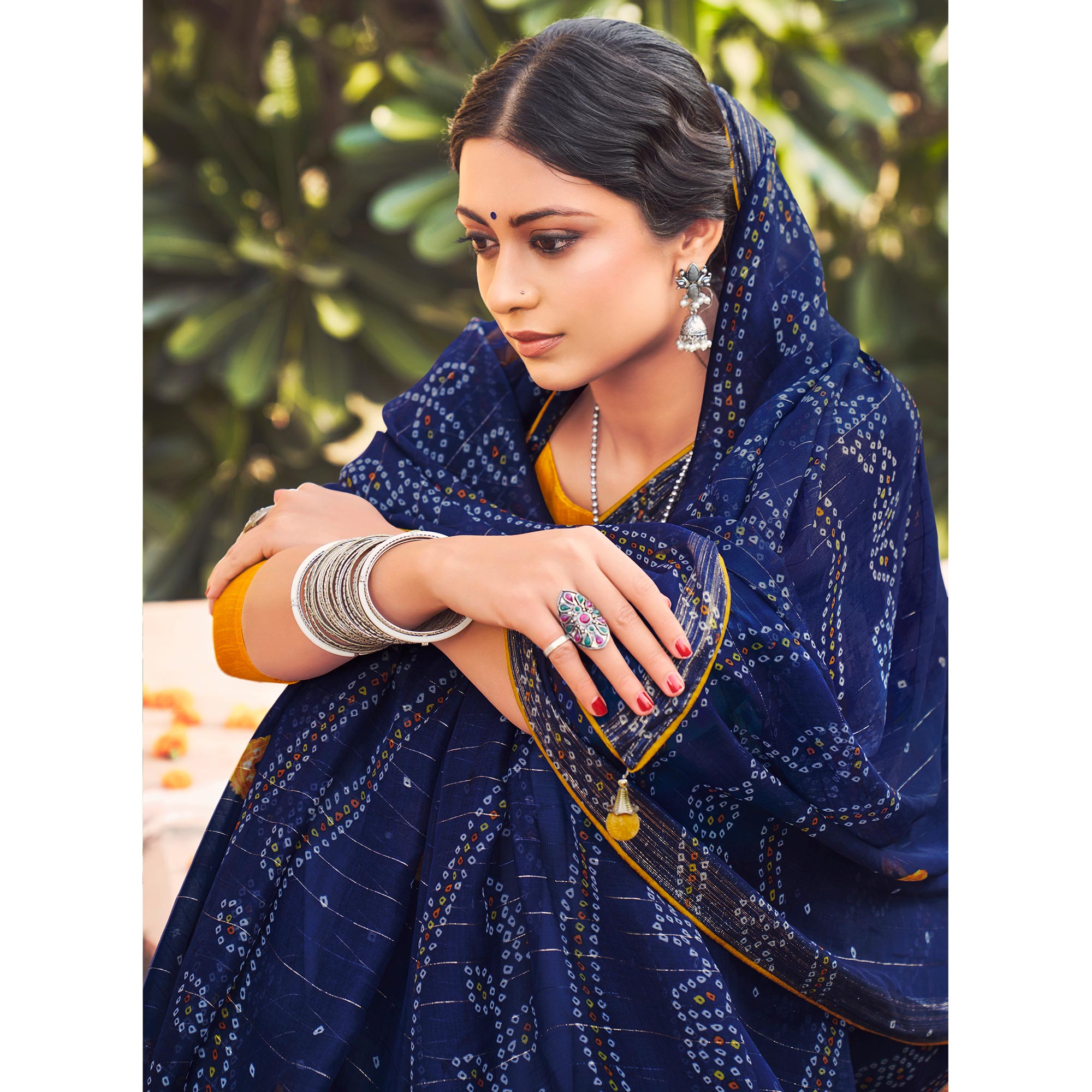 Navy Blue Printed Chiffon Saree