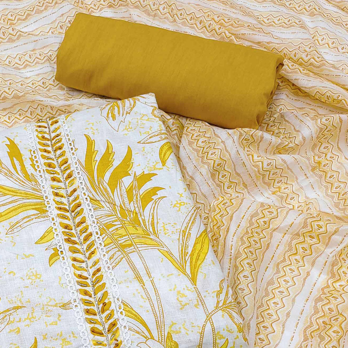 White & Yellow Floral Printed Pure Cotton Dress Material