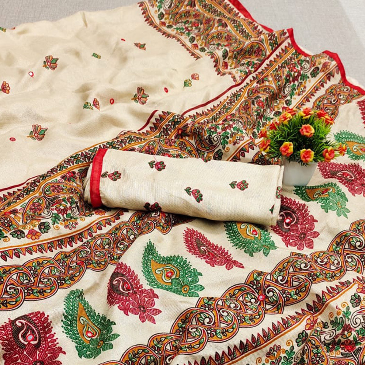 Off White Printed Cotton Blend Saree With Tassels