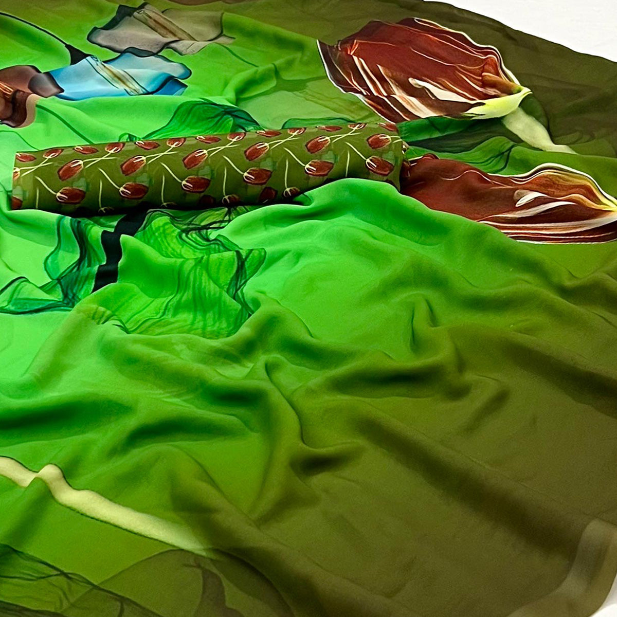 Green Floral Digital Printed Georgette Saree