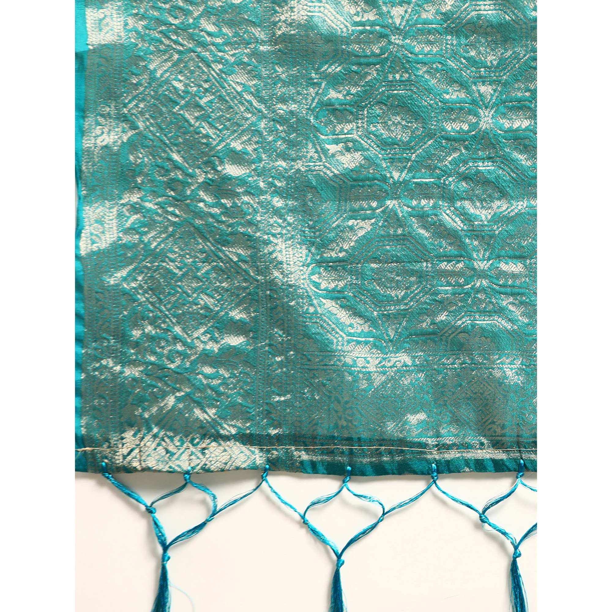Turquoise Woven Organza Silk Saree With Tassels