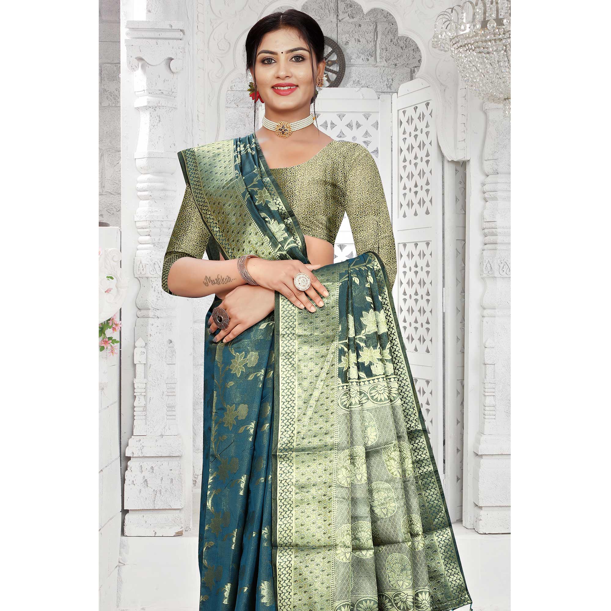 Teal Blue Floral Woven Organza Saree With Tassels