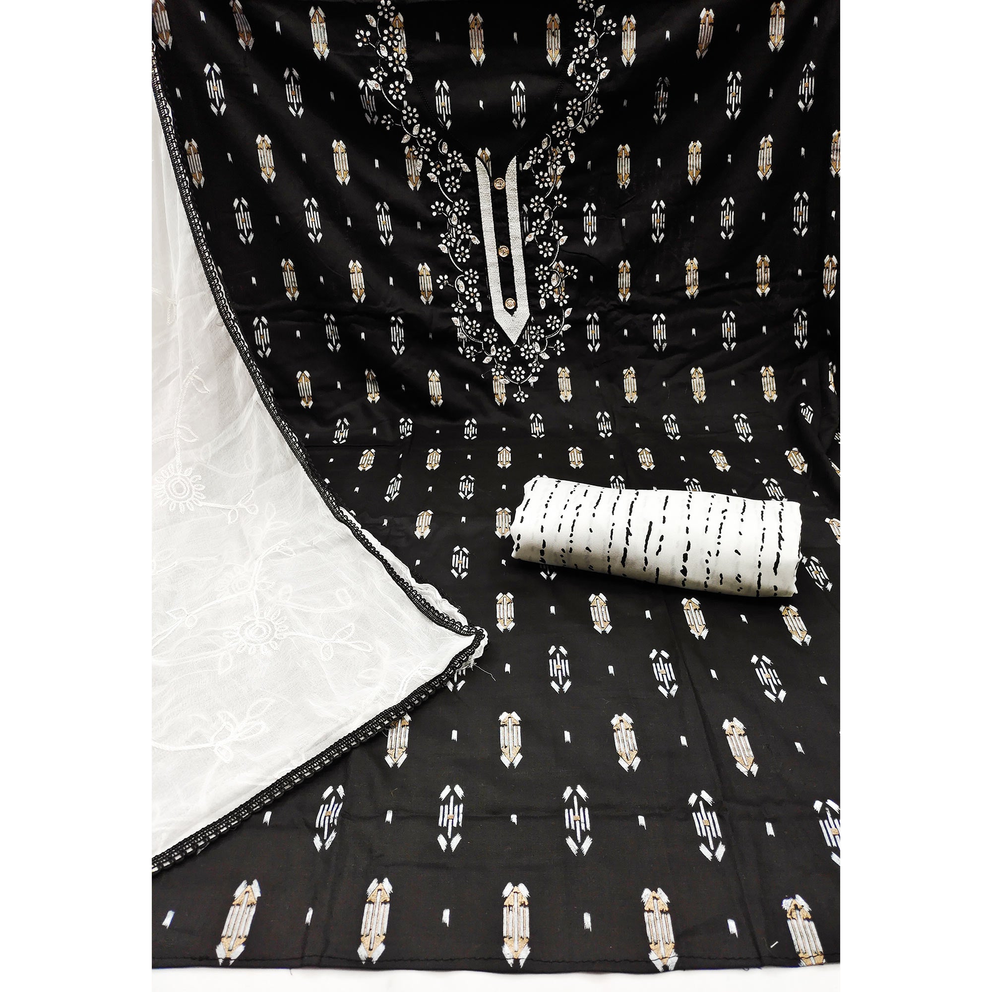 Black Printed With Embroidered Rayon Dress Material