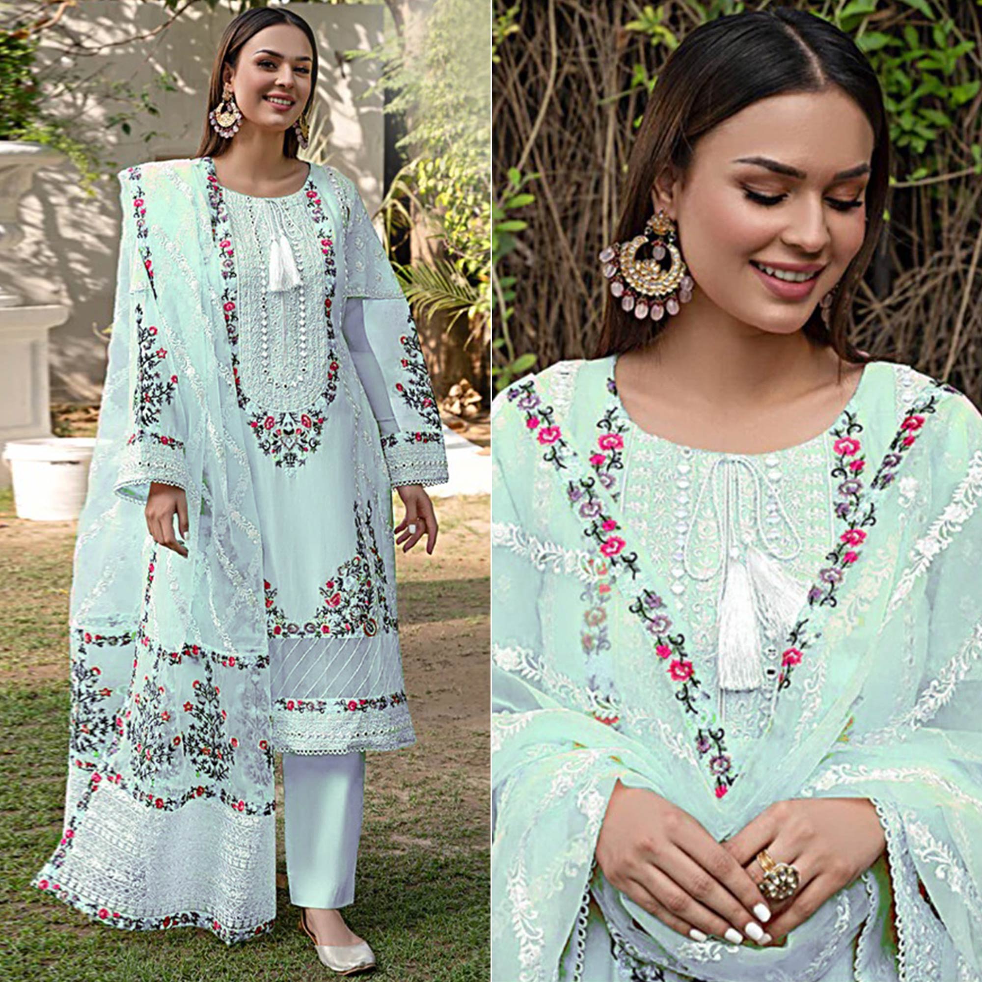 Blue Floral Embroidered Georgette Palazzo Suit