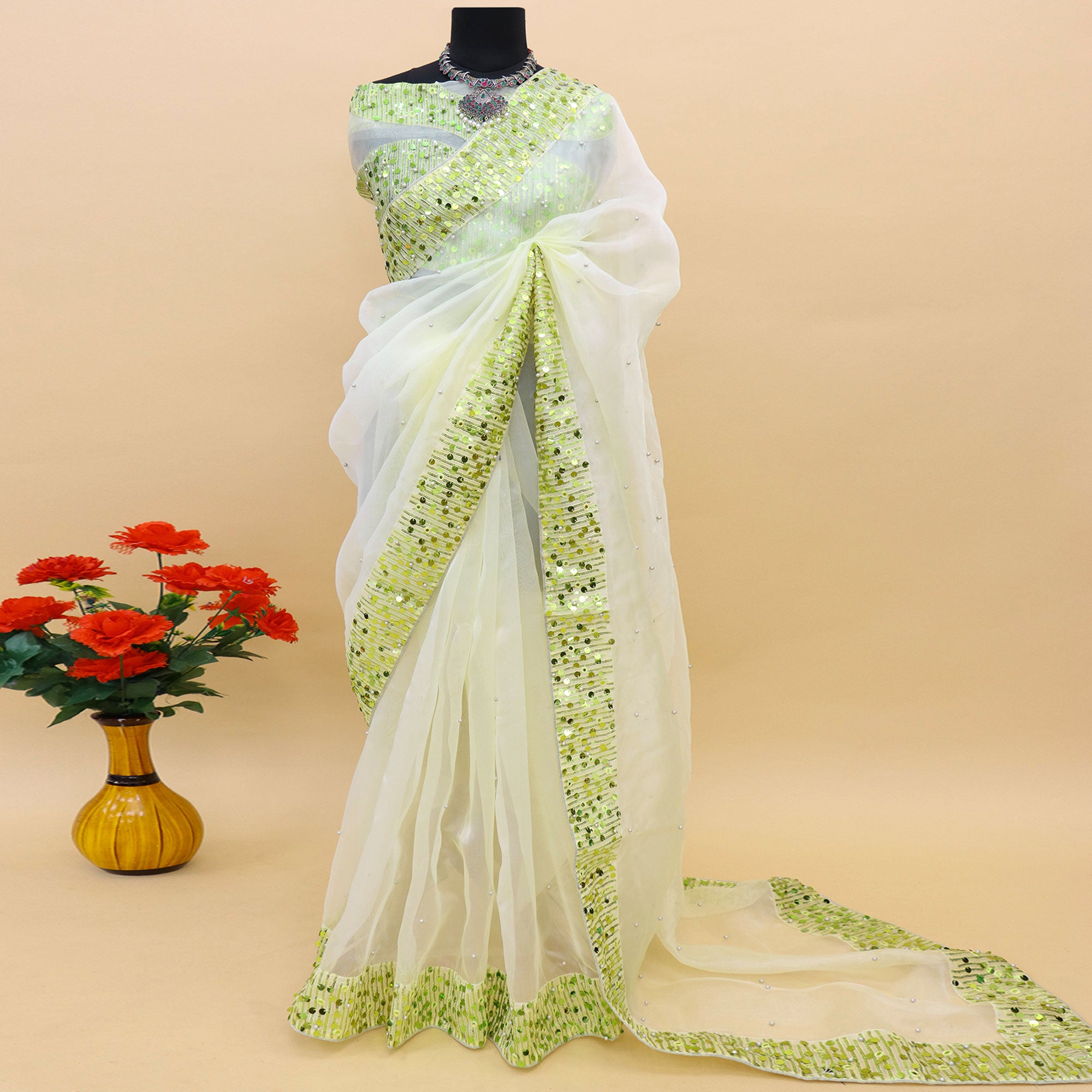 White Sequins Embroidered Organza Saree