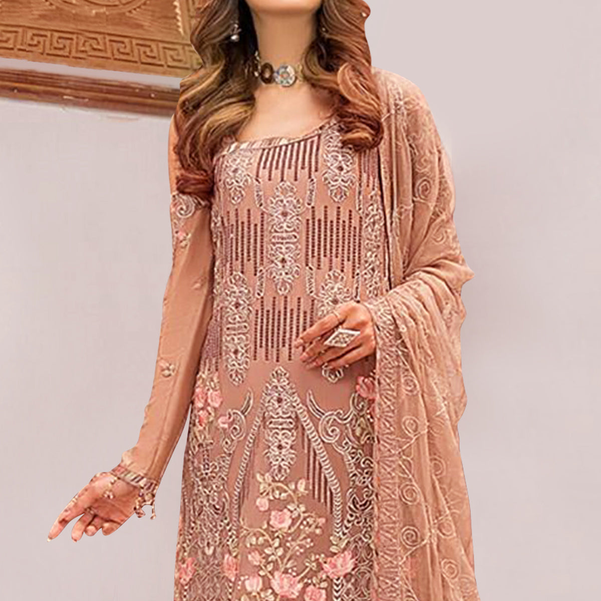 Rust Embroidered Georgette Pakistani Suit