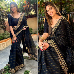 Black Striped With Embroidered Border Modal Saree