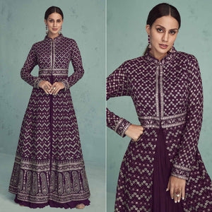 Purple Floral Embroidered Georgette Front Slit Suit