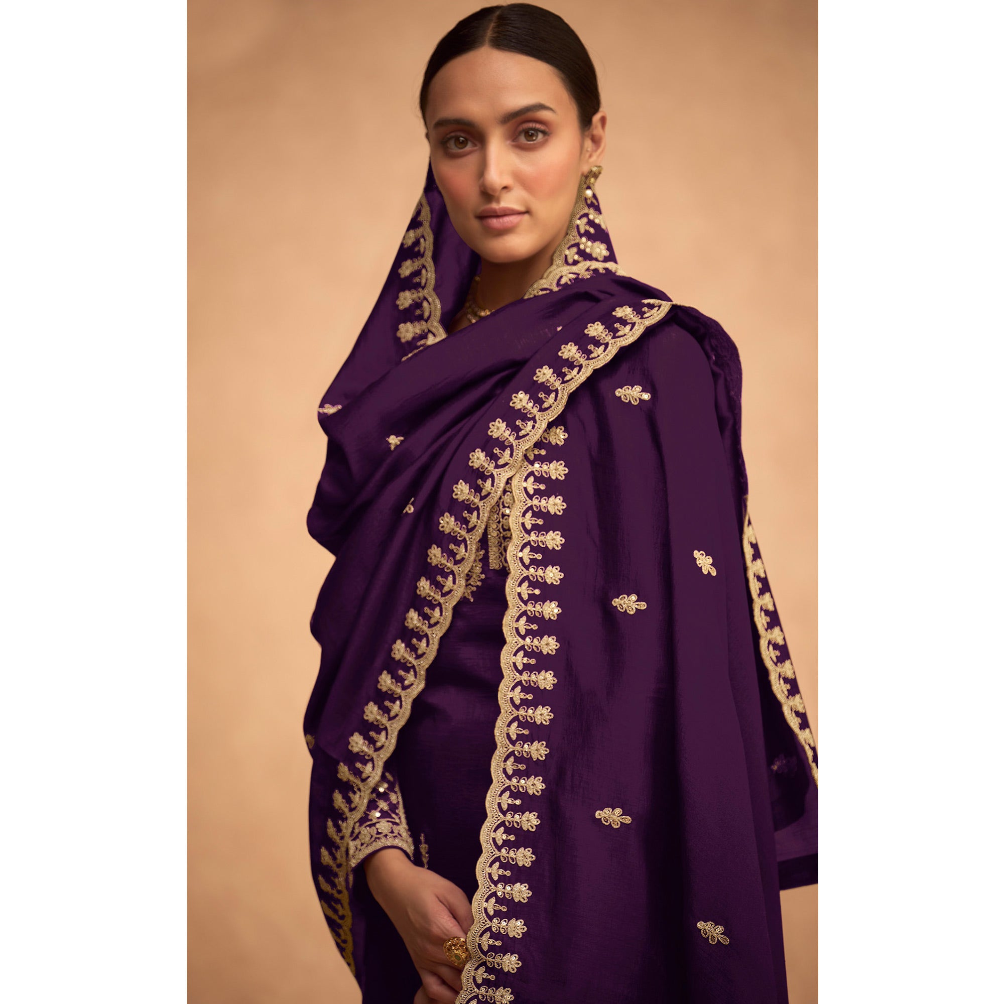 Purple Sequins Embroidered Georgette Palazzo Suit