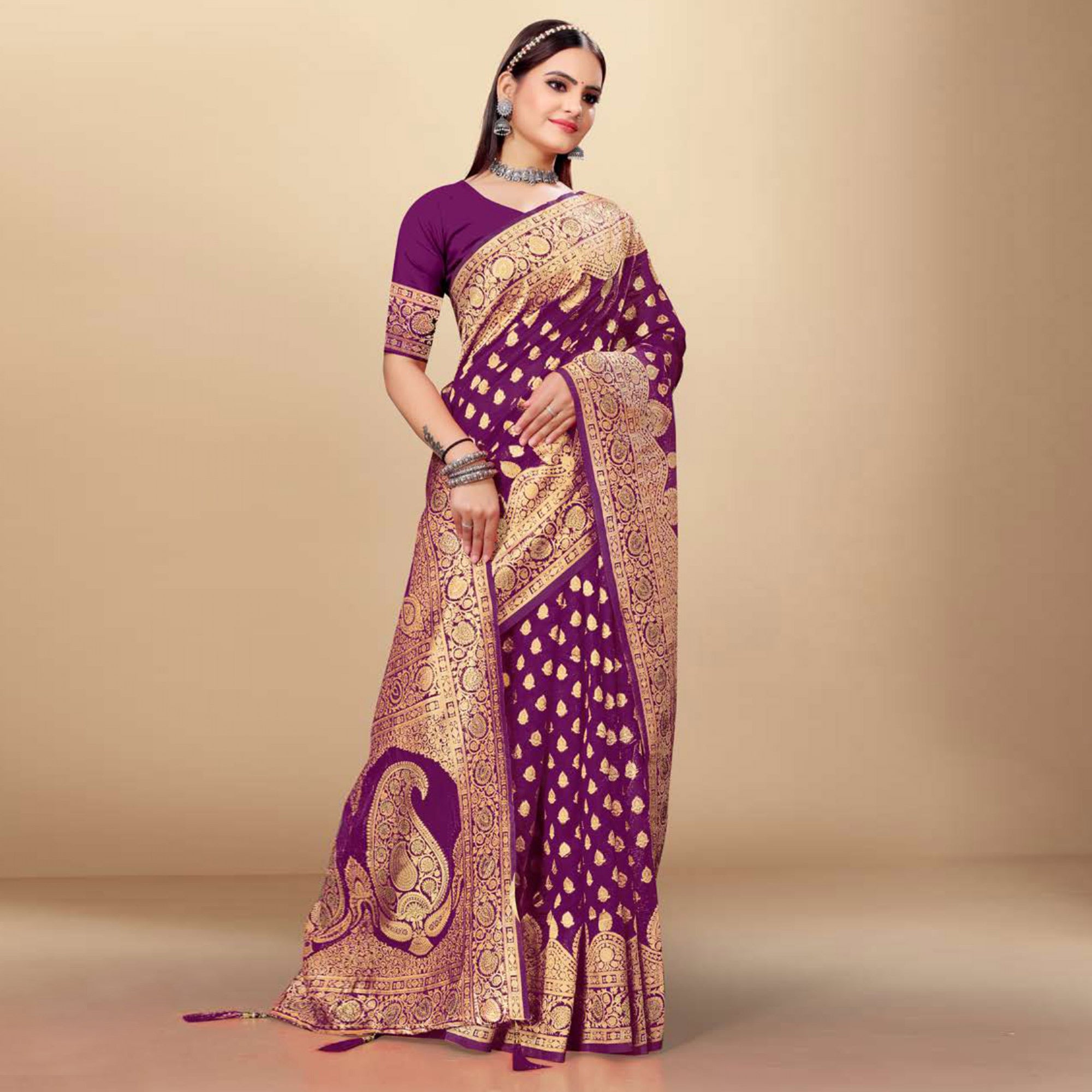 Purple Woven Art Silk Saree With Tassels