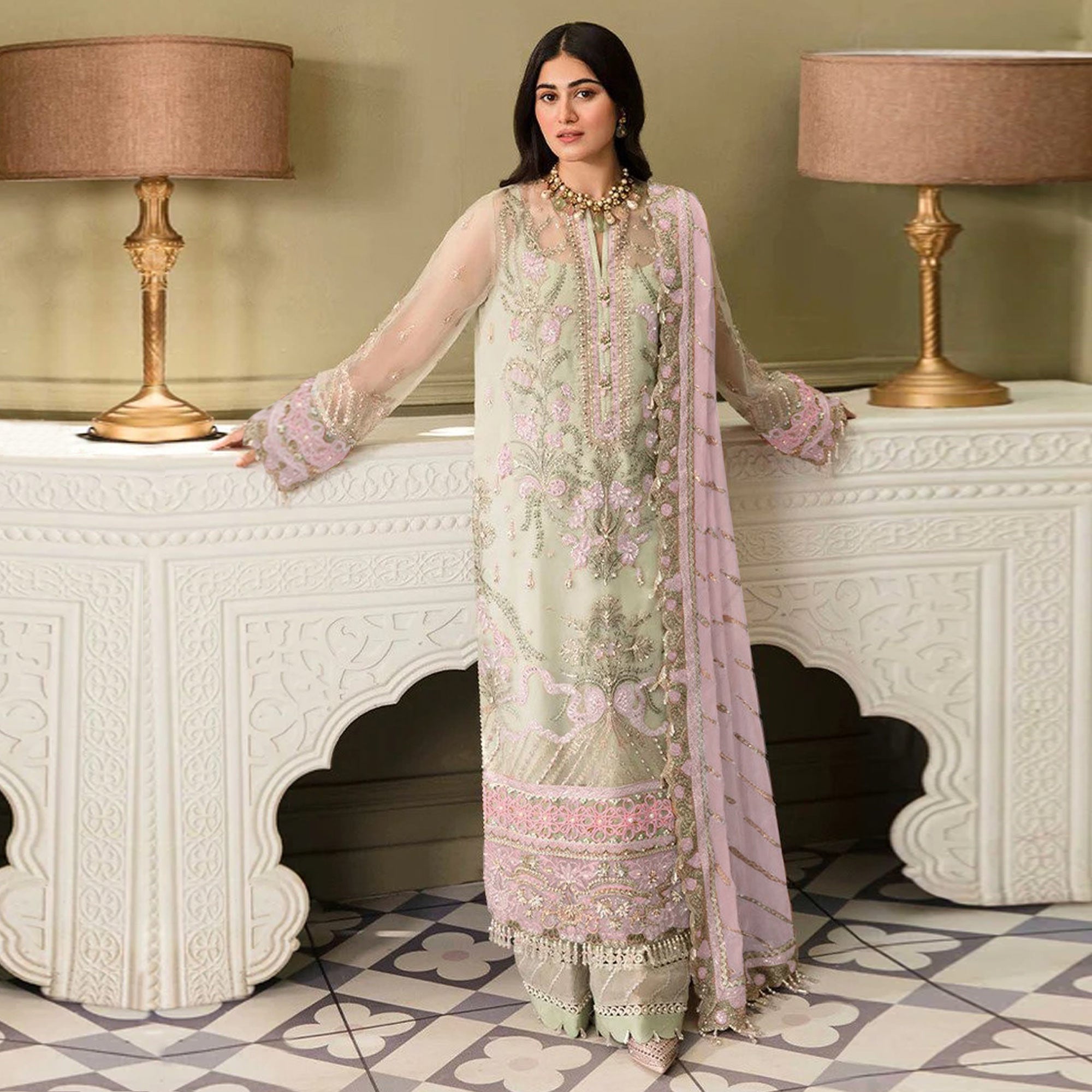 Pista Green And Pink Heavy Embroidered Georgette Pakistani Suit