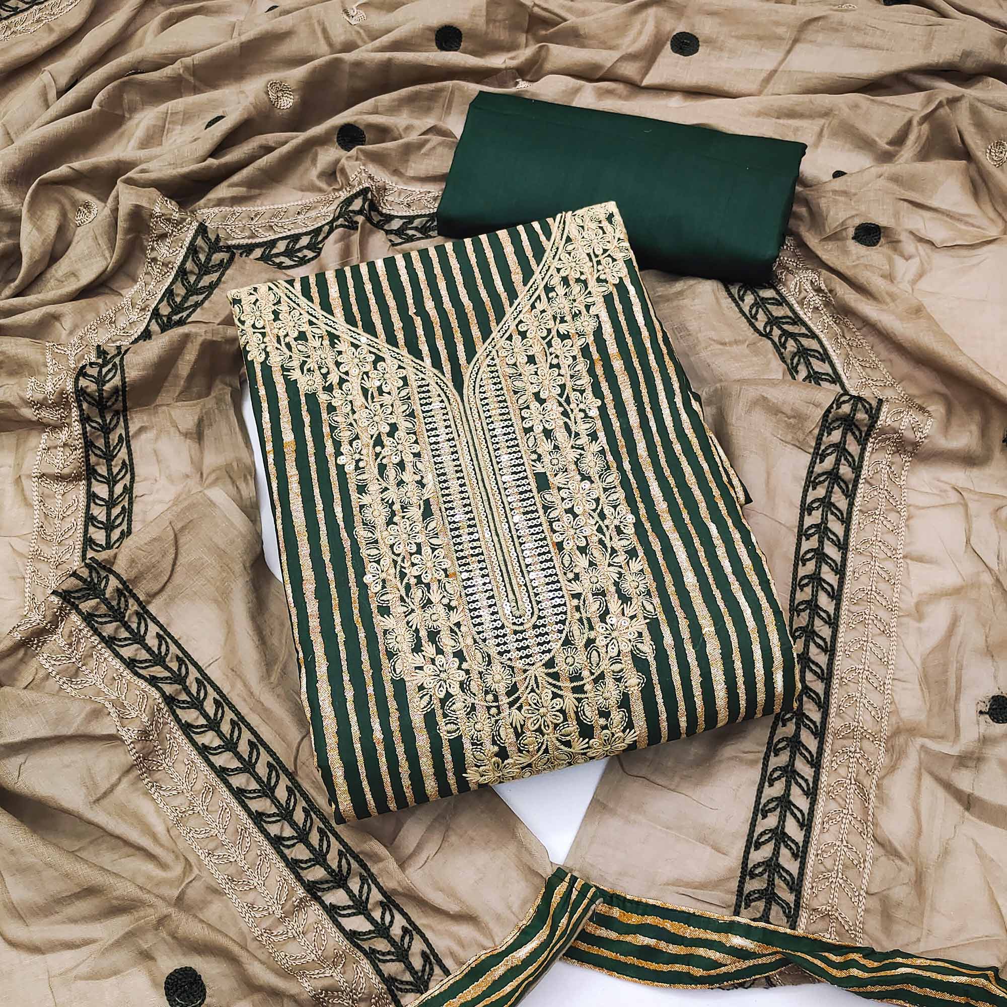 Green Printed With Sequins Embroidered Pure Cotton Dress Material