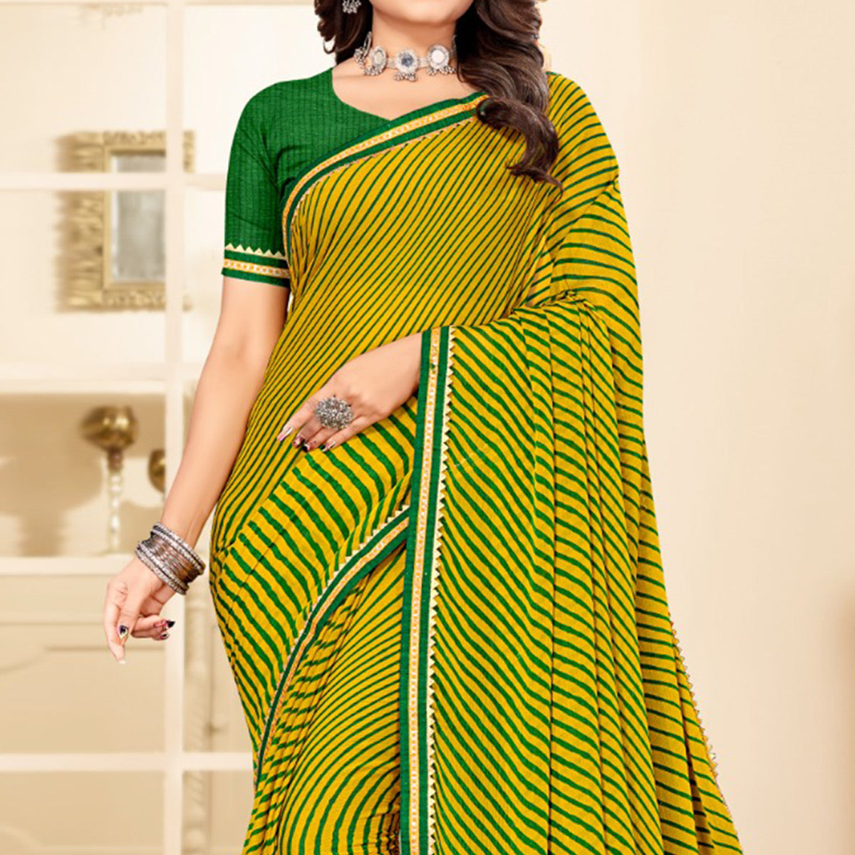 Yellow Green Digital Striped Printed Chiffon Saree With Tassels