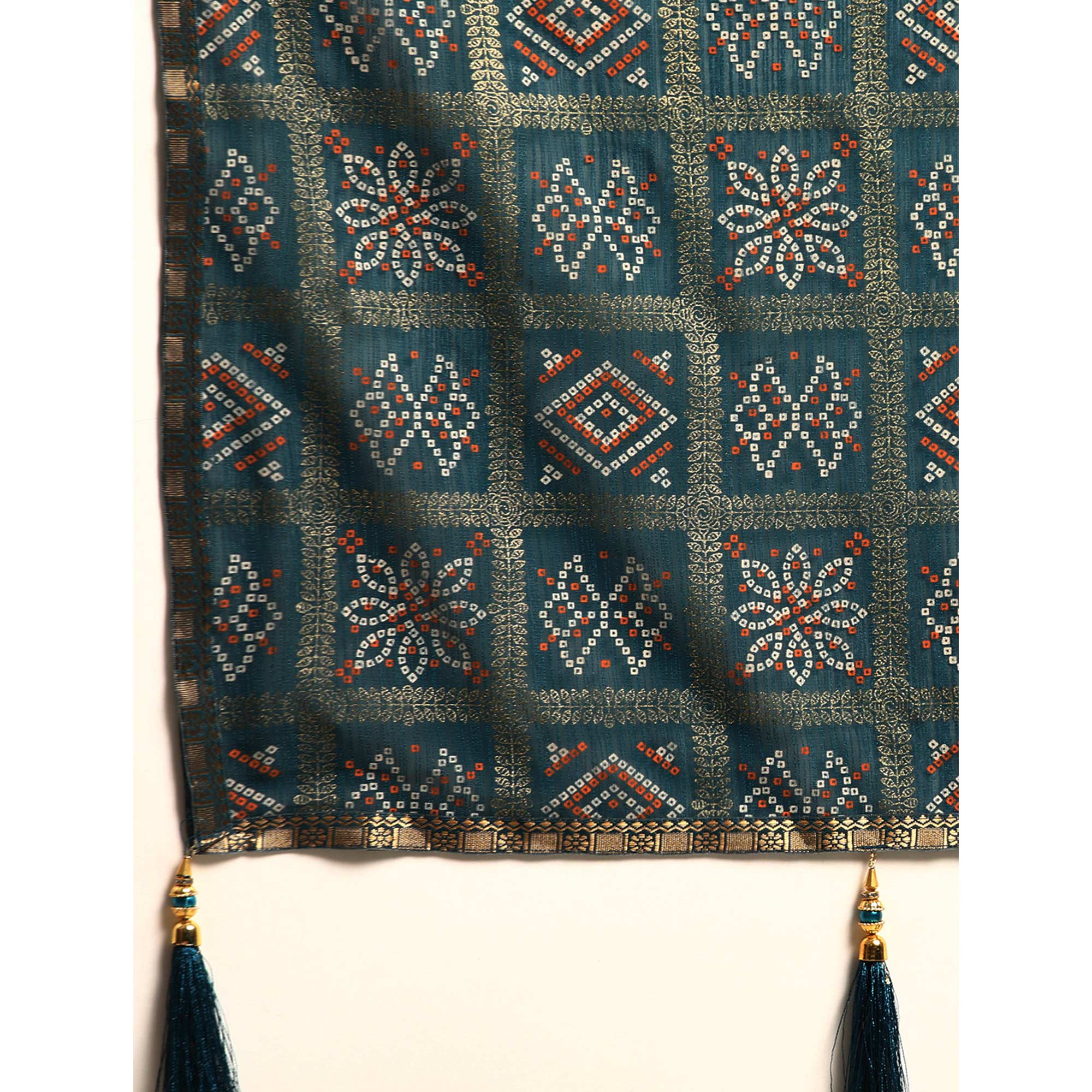 Blue Bandhani Foil Printed Zomato Saree With Tassels