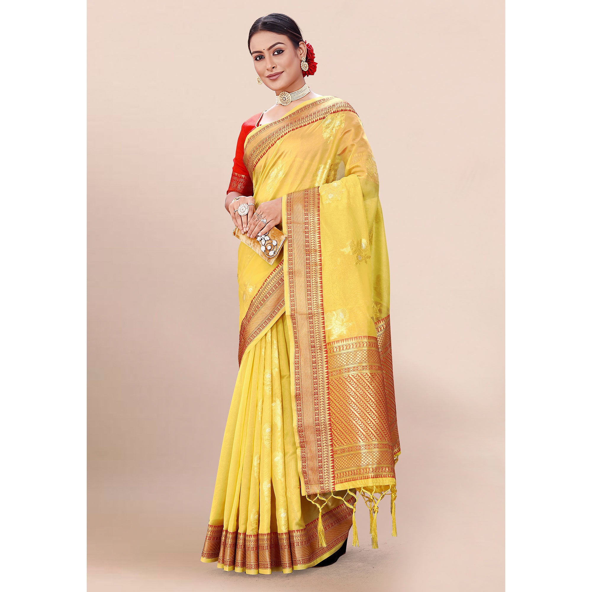 Yellow Woven Organza Saree With Tassels