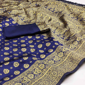 Navy Blue Woven Jacquard Saree With Tassels