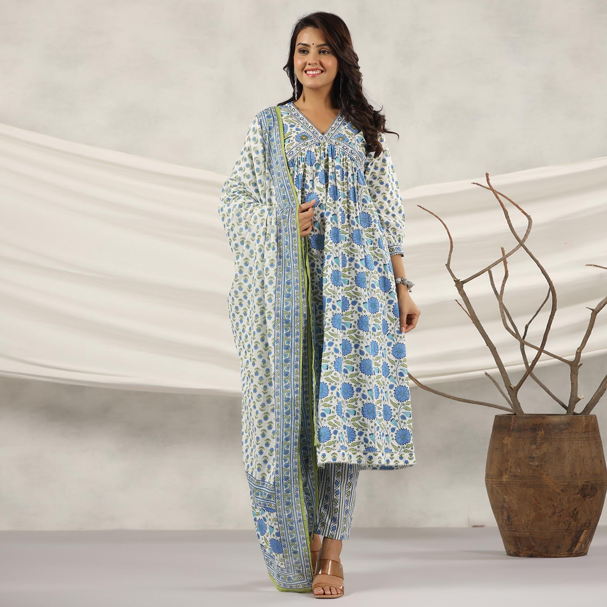 Blue Jaipuri Printed Pure Cotton Anarkali Suit