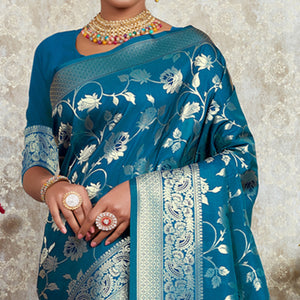Teal Blue Woven Art Silk Saree With Tassels