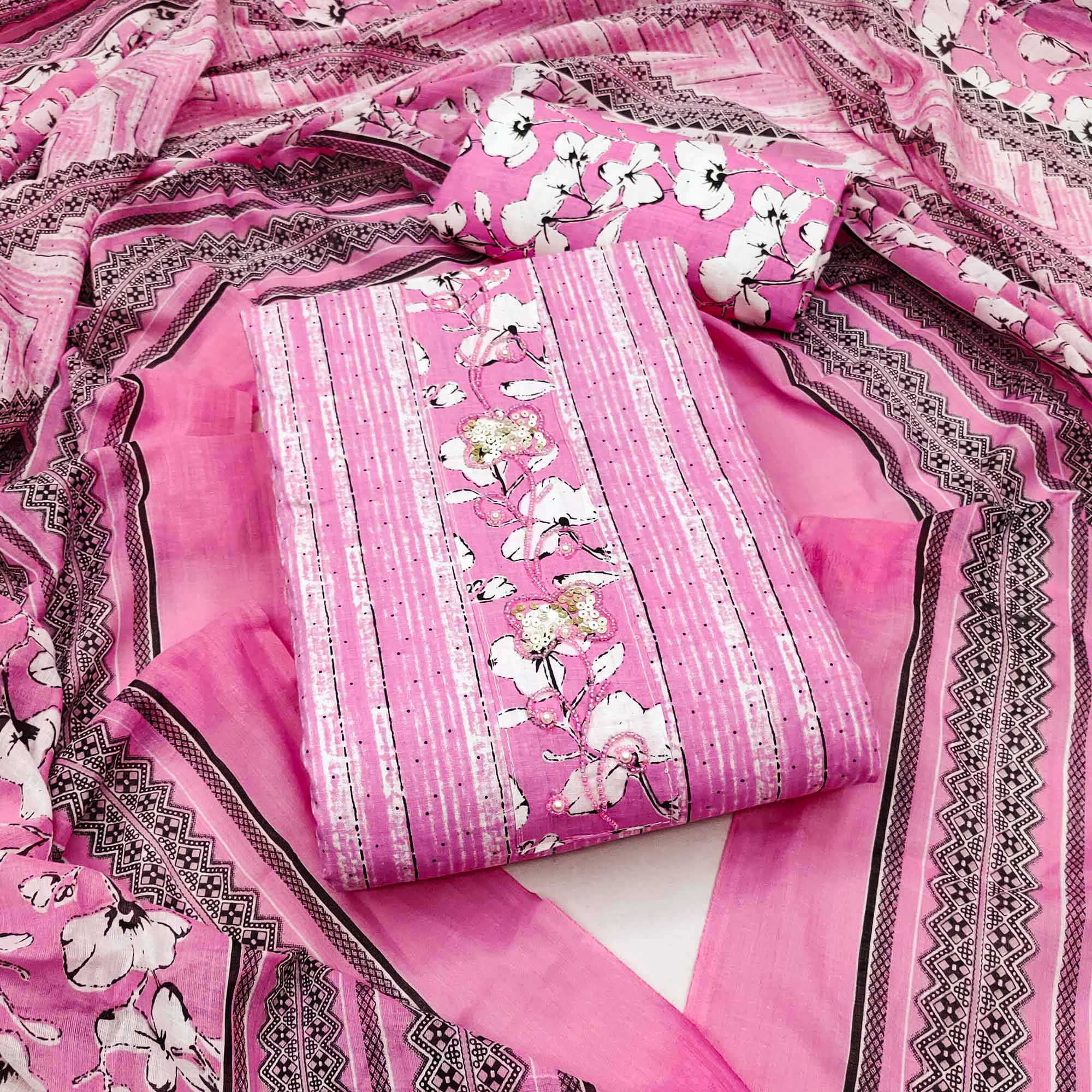 Pink Printed Cotton Dress Material