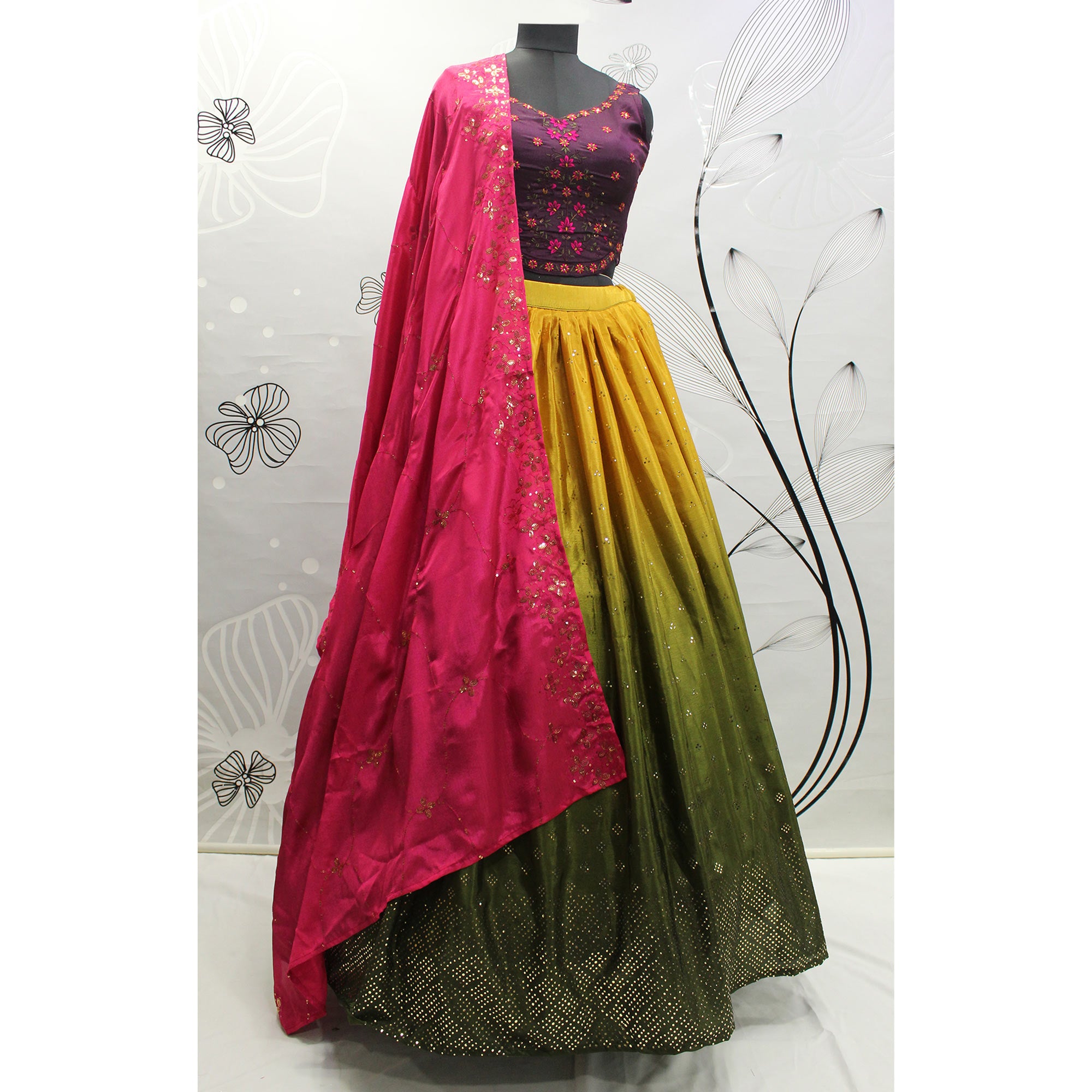 Mustard & Olive Green Embellished Mirror Work Georgette Lehenga Choli