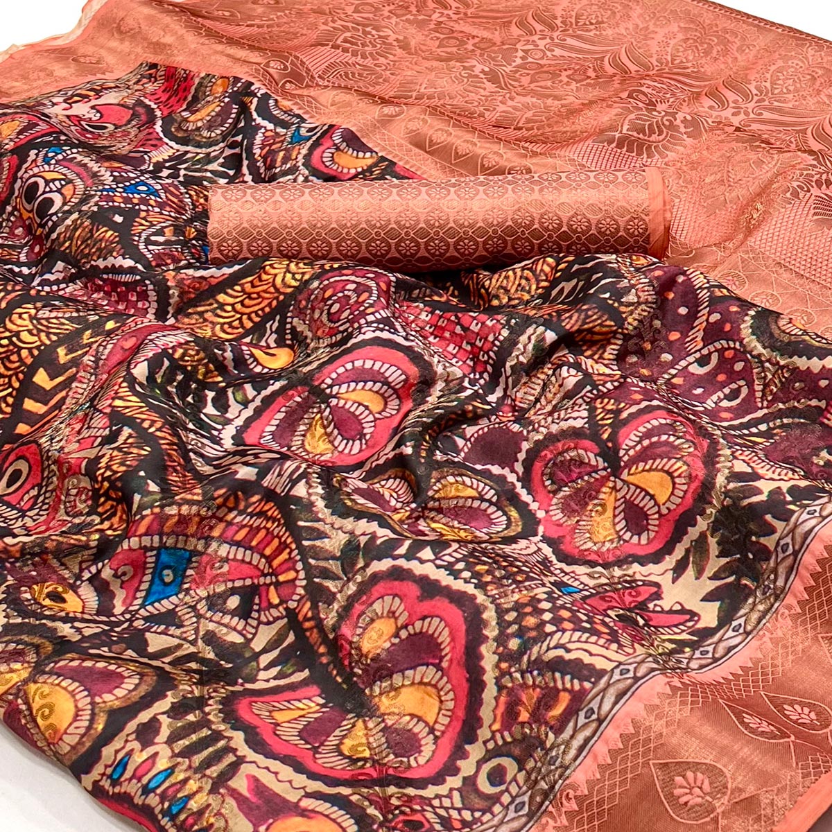 Peach Digital Printed Cotton Silk Saree