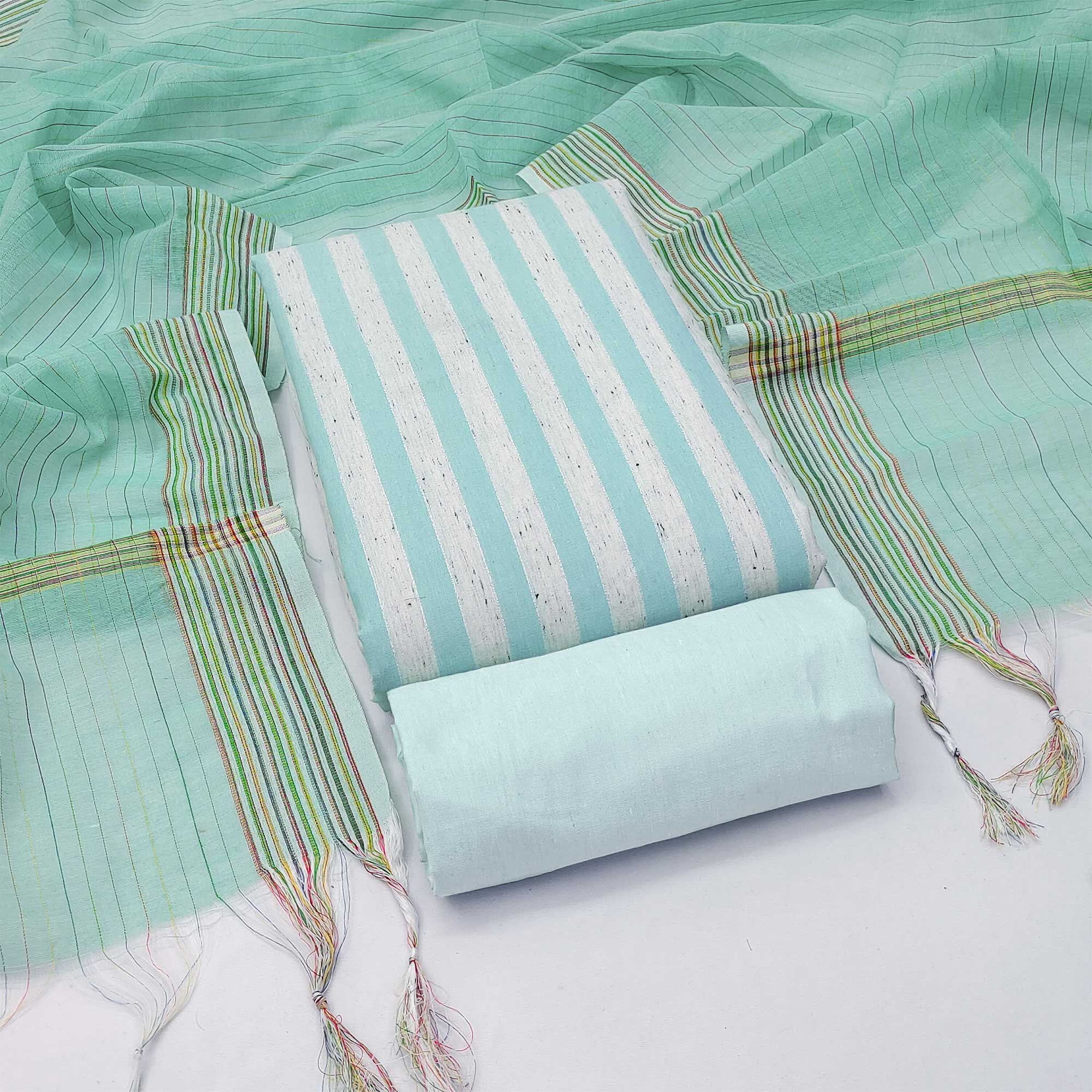 Firozi Striped Printed With Woven Cotton Blend Dress Material