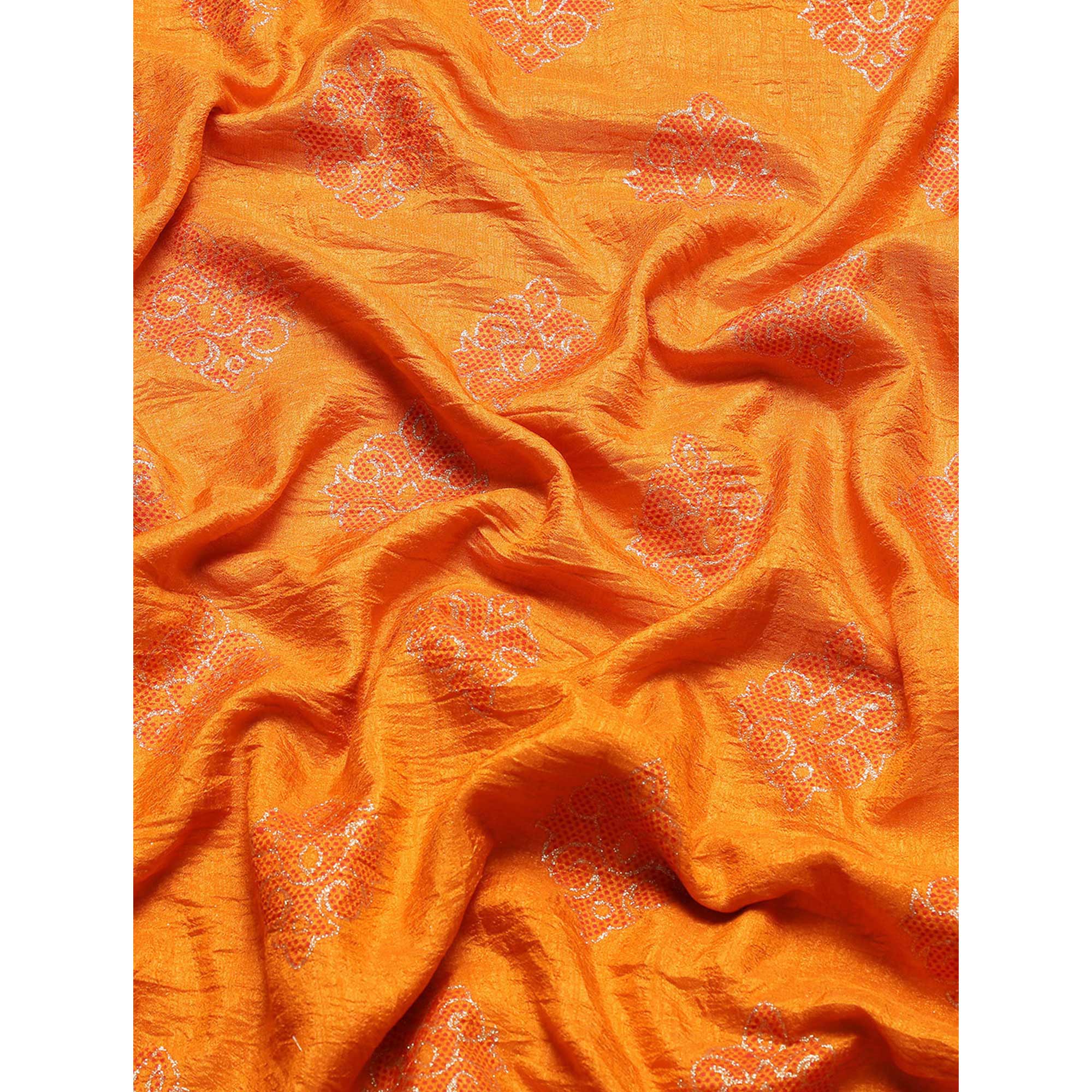 Light Orange Floral Foil Printed Vichitra Silk Saree