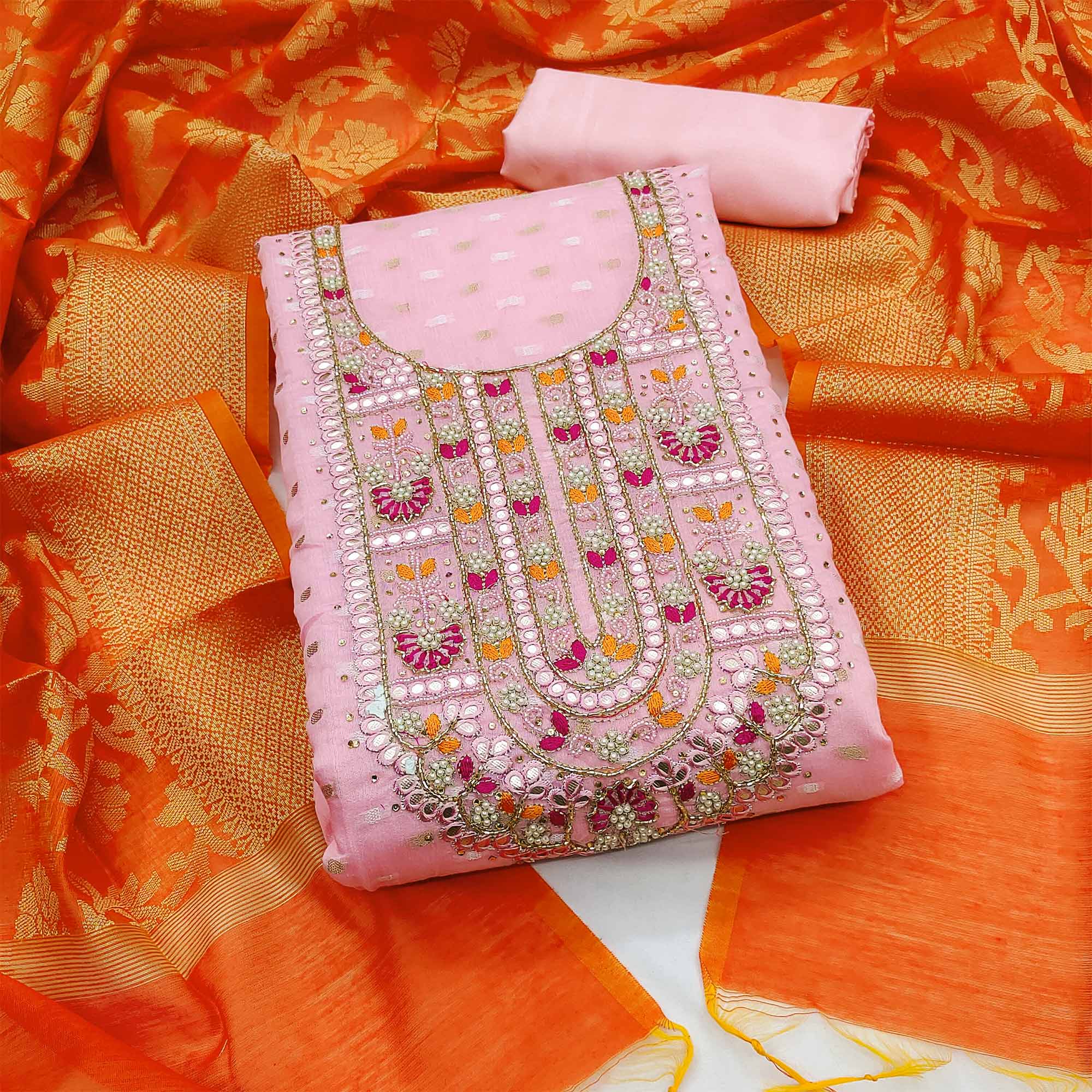 Pink Woven With Handwork Banarasi Silk Dress Material