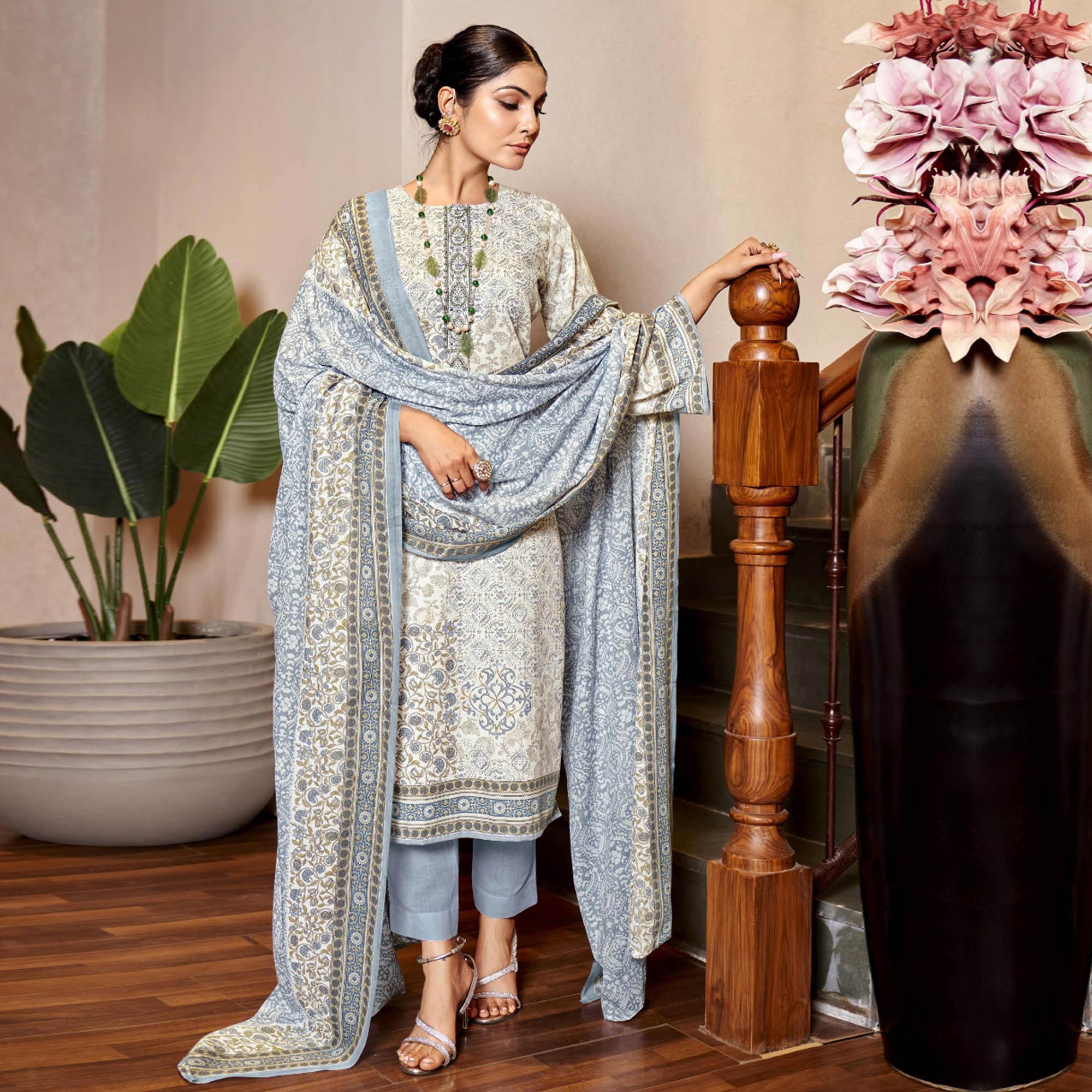 White & Grey Floral Print With Embroidered Pure Cotton Salwar Suit