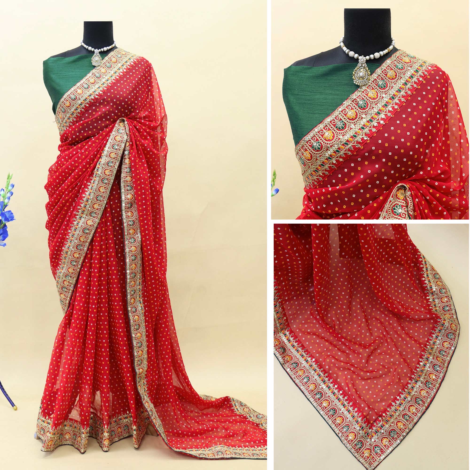 Red Bandhani Printed With Embroidered Border Georgette Saree
