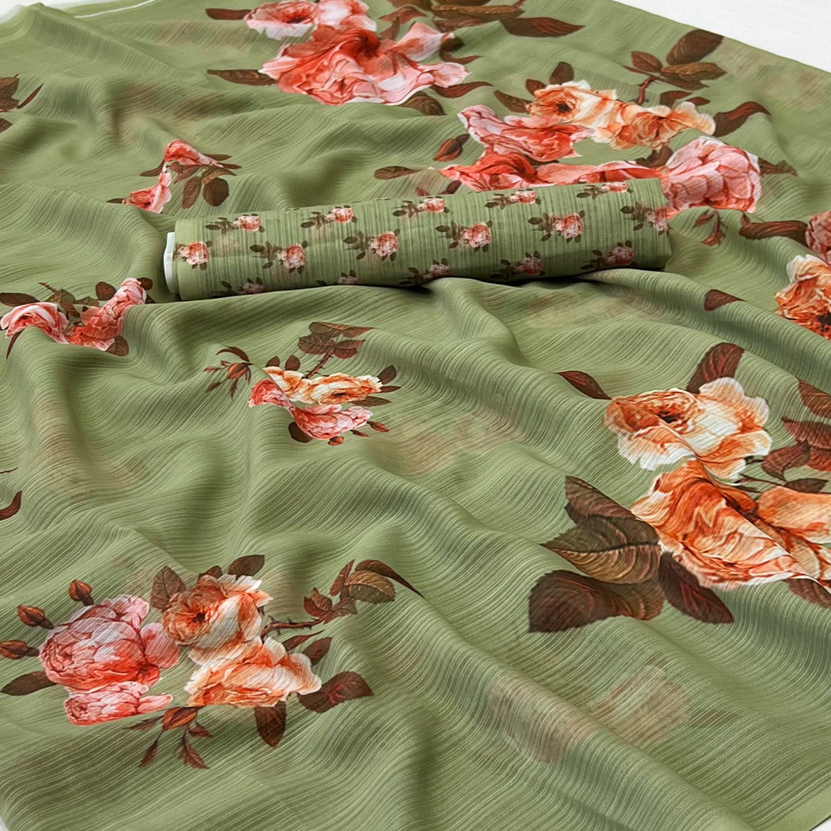 Green Floral Digital Printed Georgette Saree