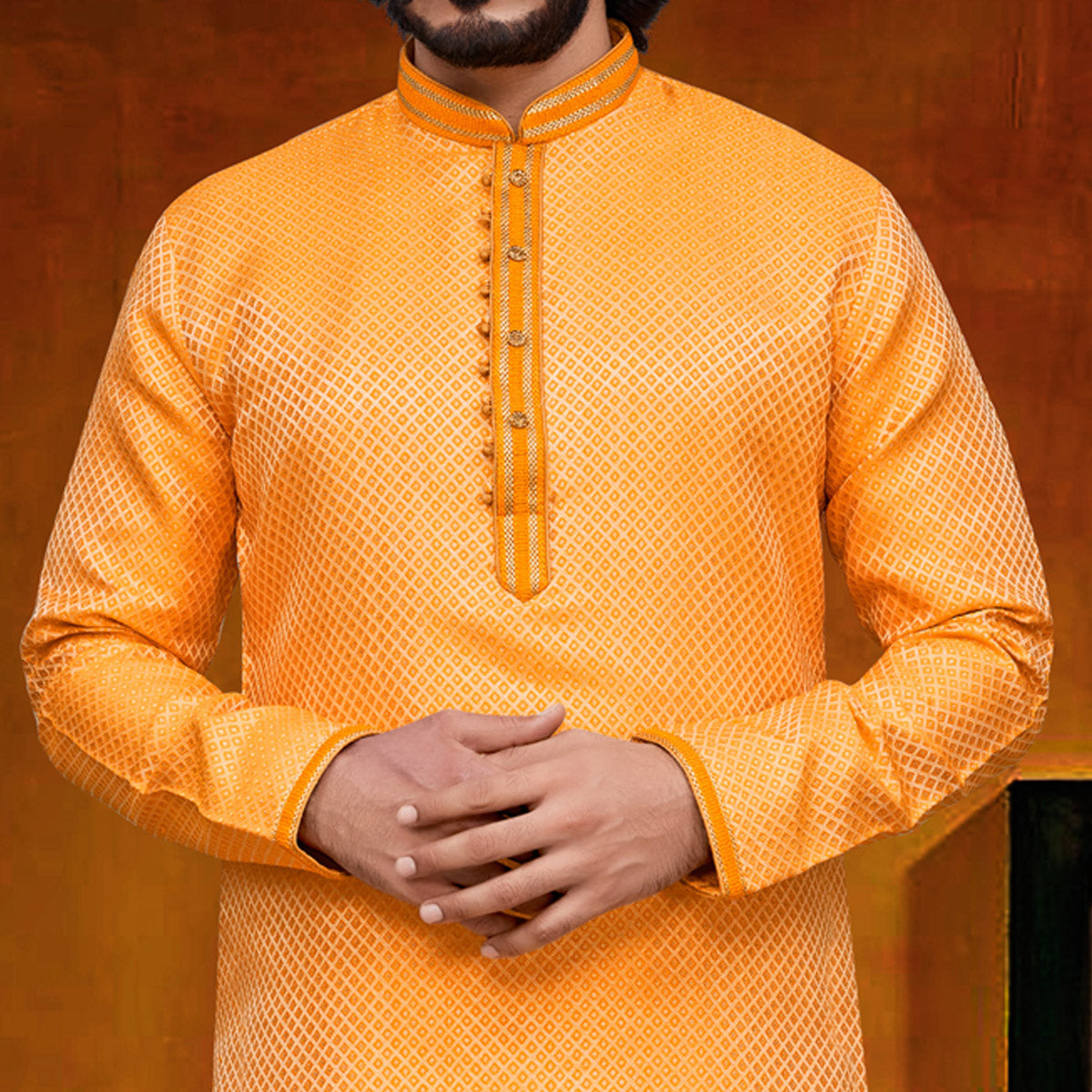 Orange Woven Jacquard Kurta Pyjama Set