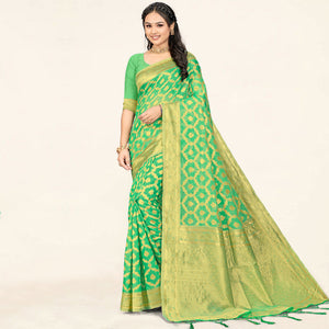 Sea Green Woven Cotton Saree With Tassels