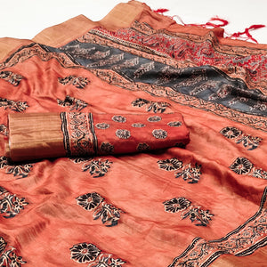 Orange Floral Printed Matka Tussar Saree With Tassels