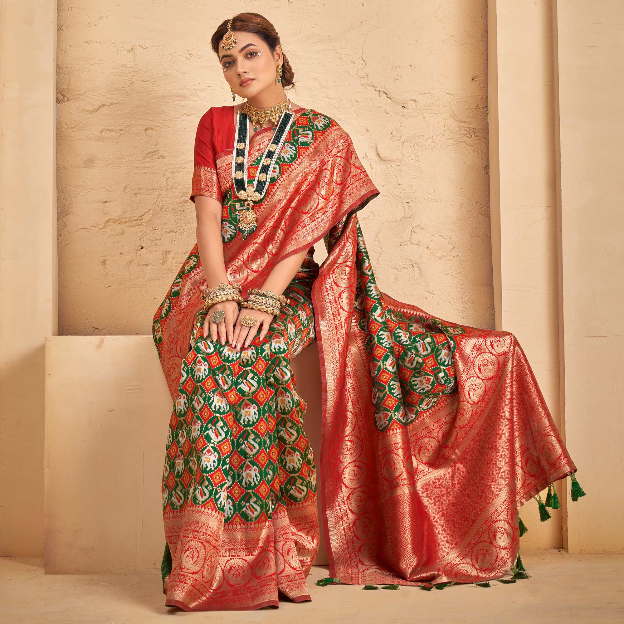 Green Woven Patola Art Silk Saree With Tassels