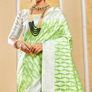 Pista Green Woven Cotton Silk Saree With Tassels