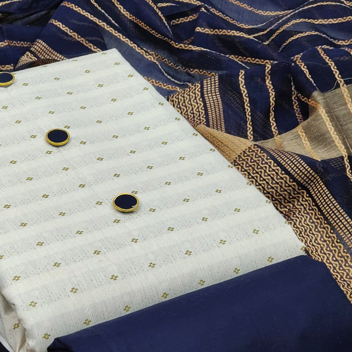 White-Navy Blue Woven Cotton Blend Dress Material