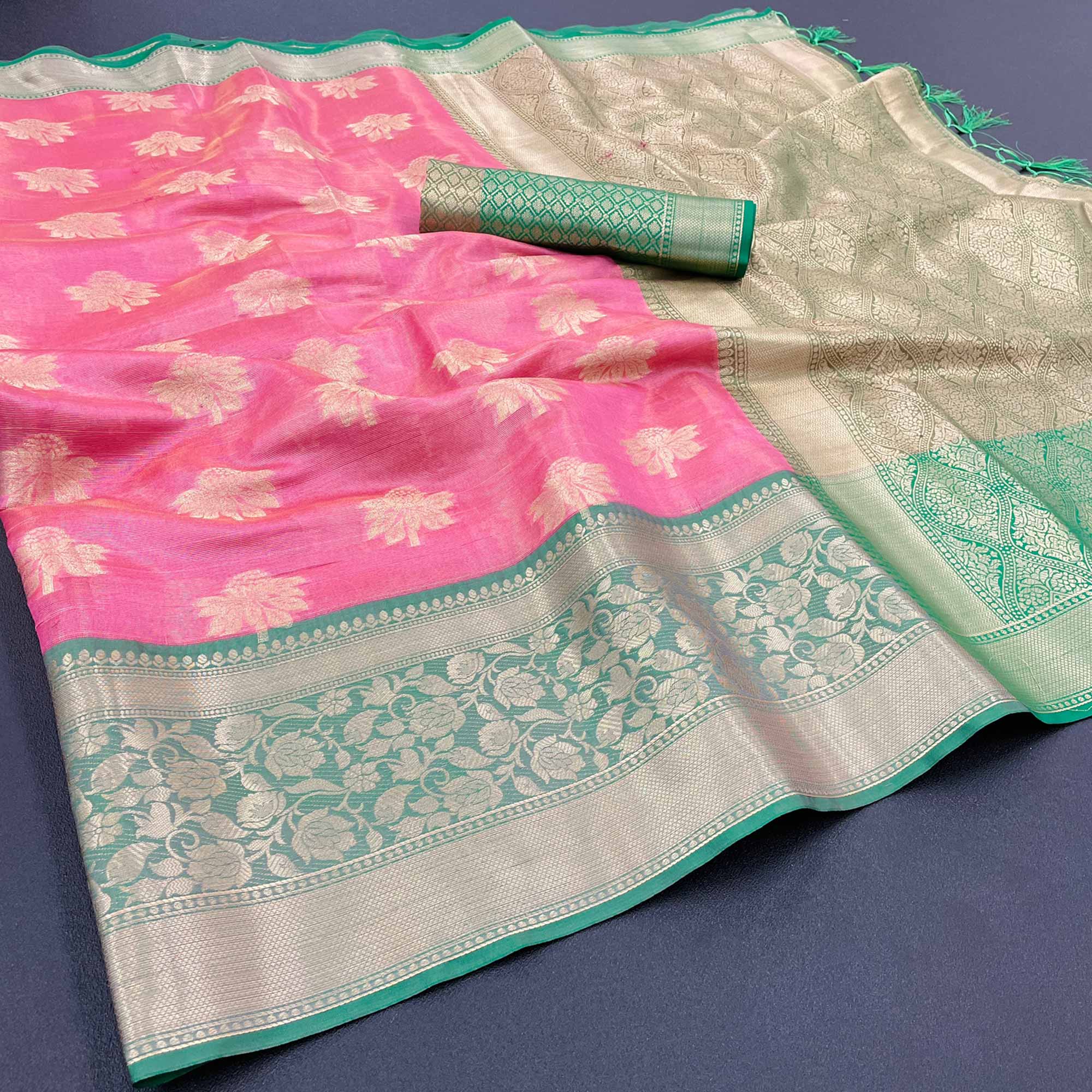 Pink Woven Art Silk Saree With Tassels