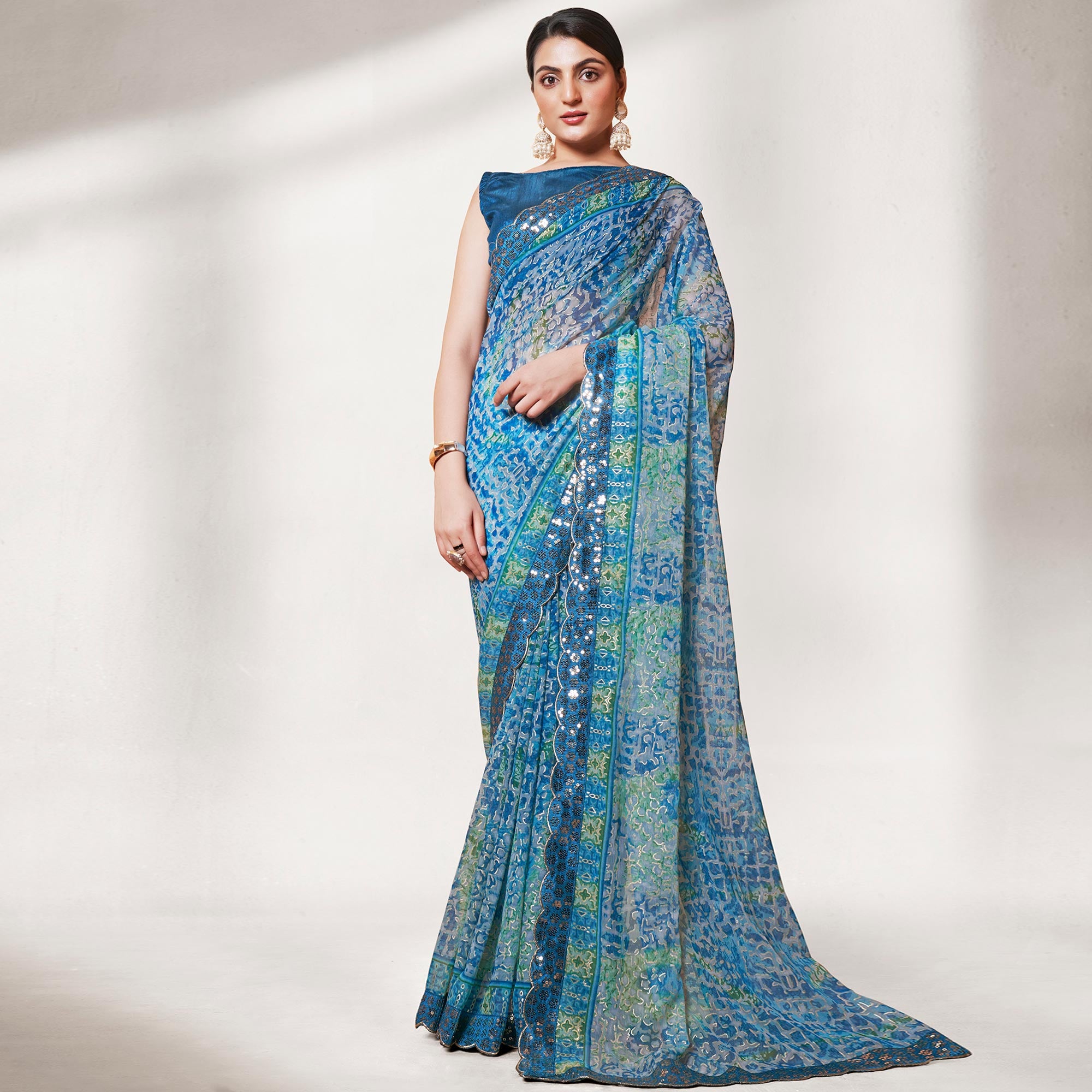 Blue Printed With Sequins Border Georgette Saree