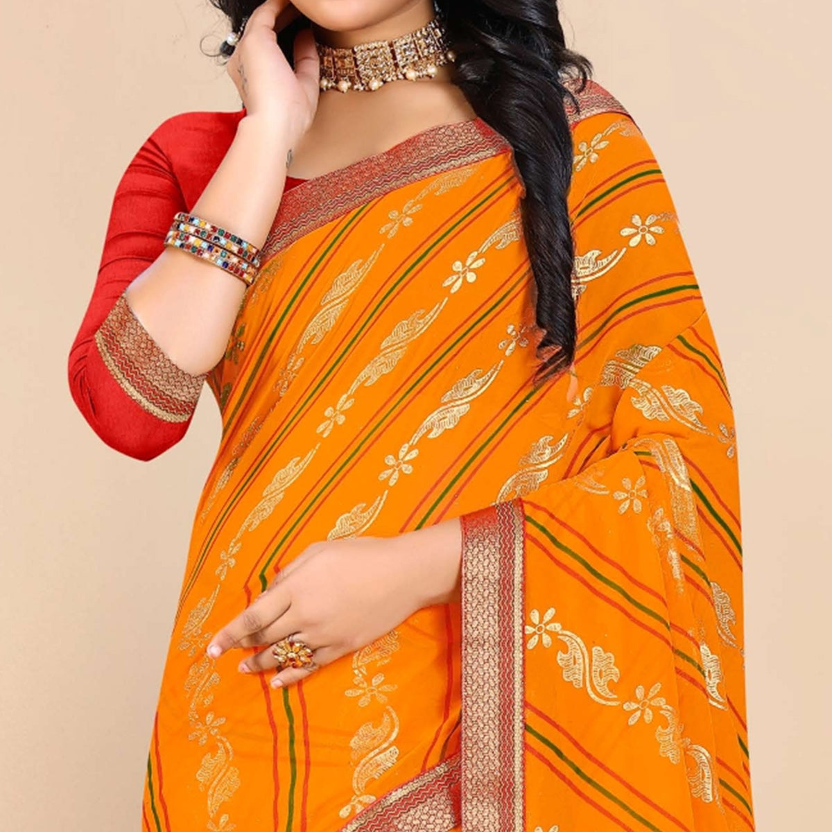 Mustard Foil Printed Georgette Saree
