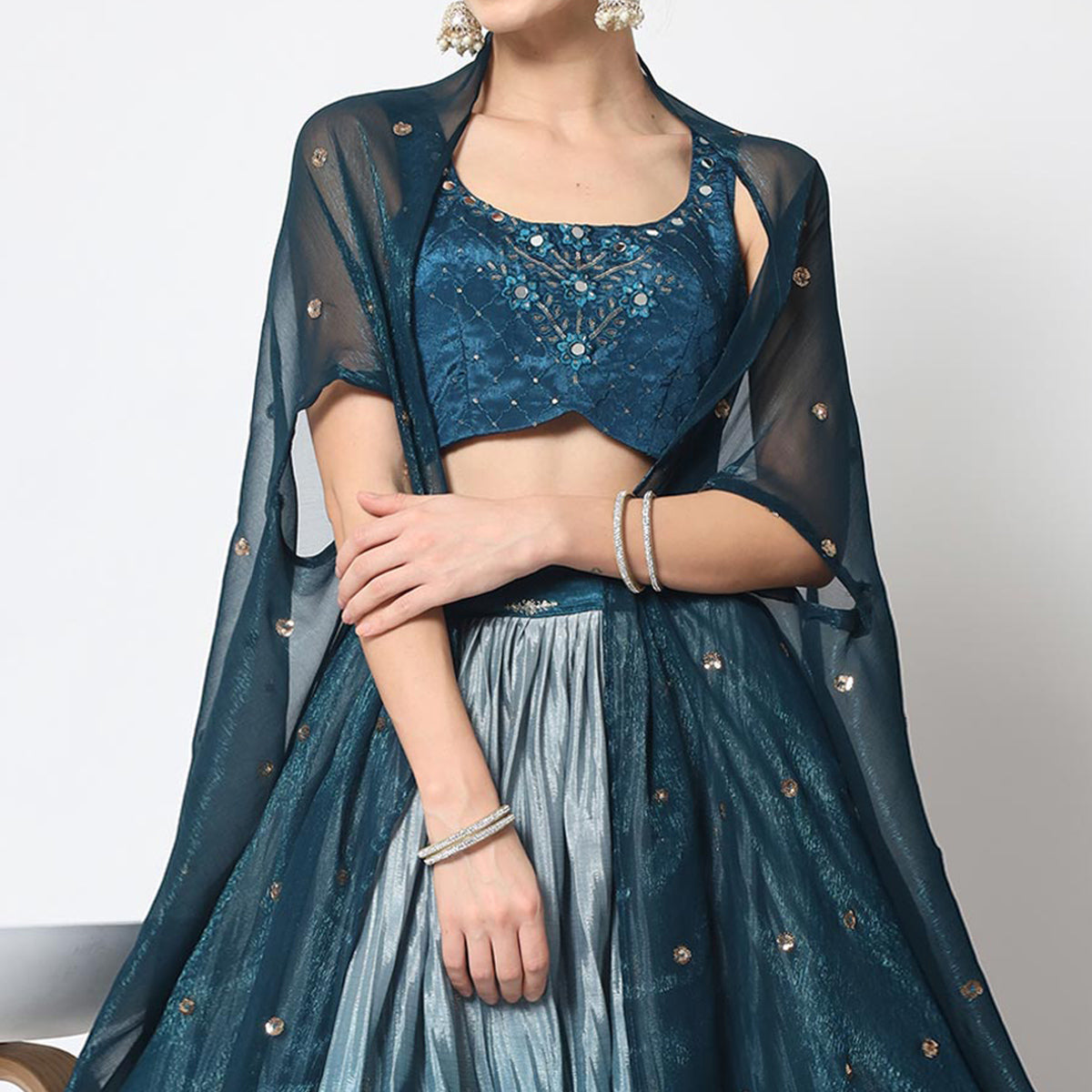 Teal Blue Foil Printed Chiffon Lehenga Choli