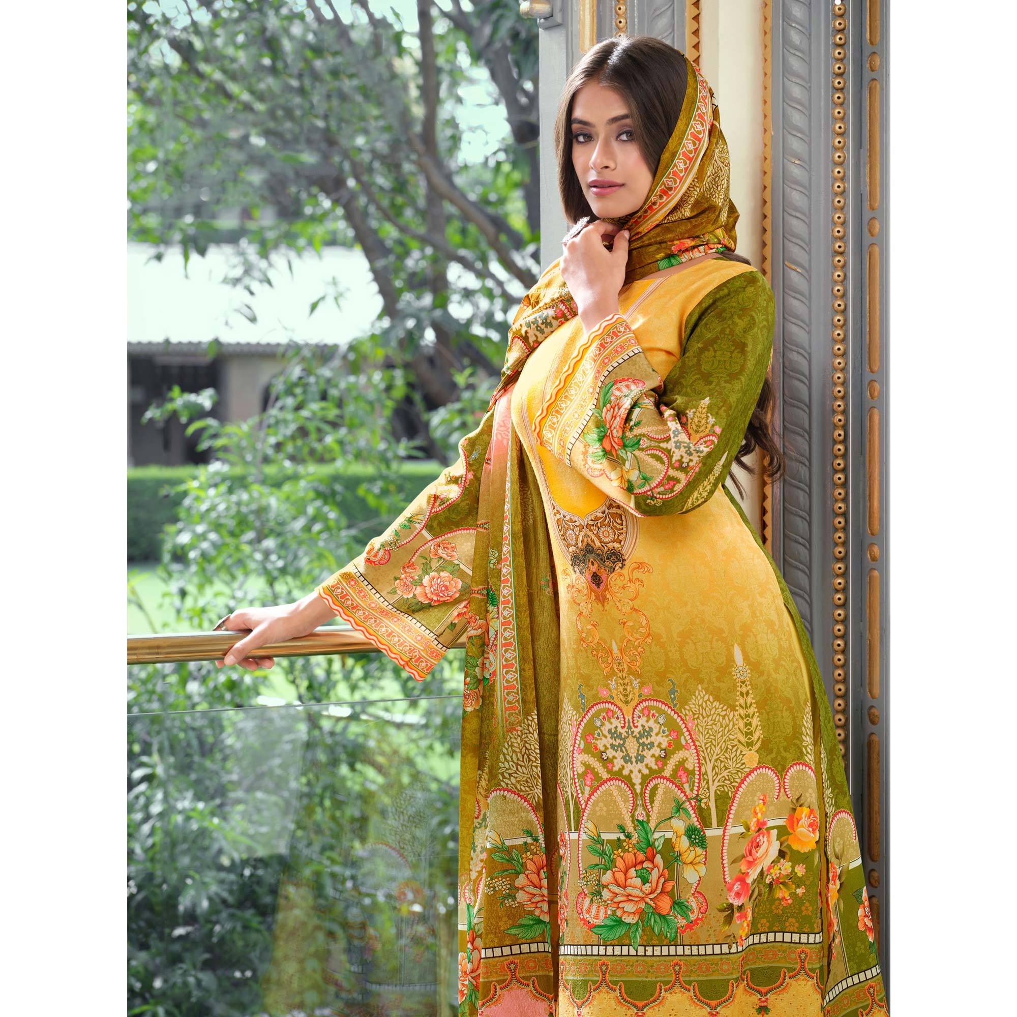 Yellow And Green Digital Printed With Daman Embroidered Pure Cotton Pakistani Suit
