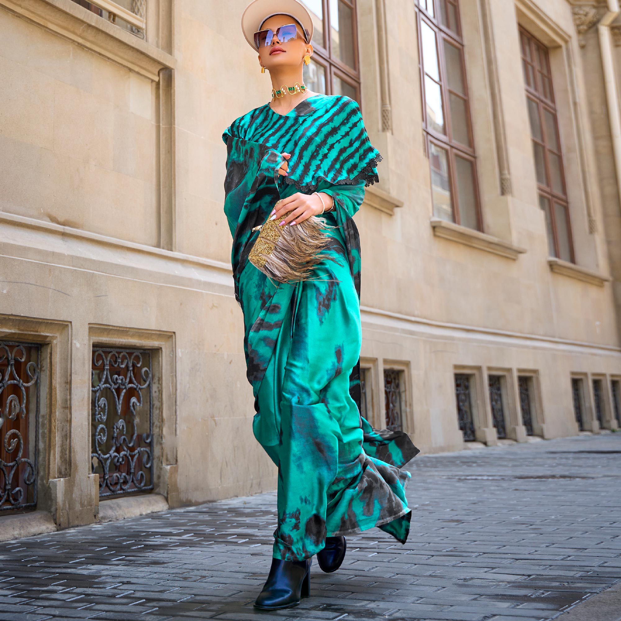 Turquoise Printed Crepe Saree