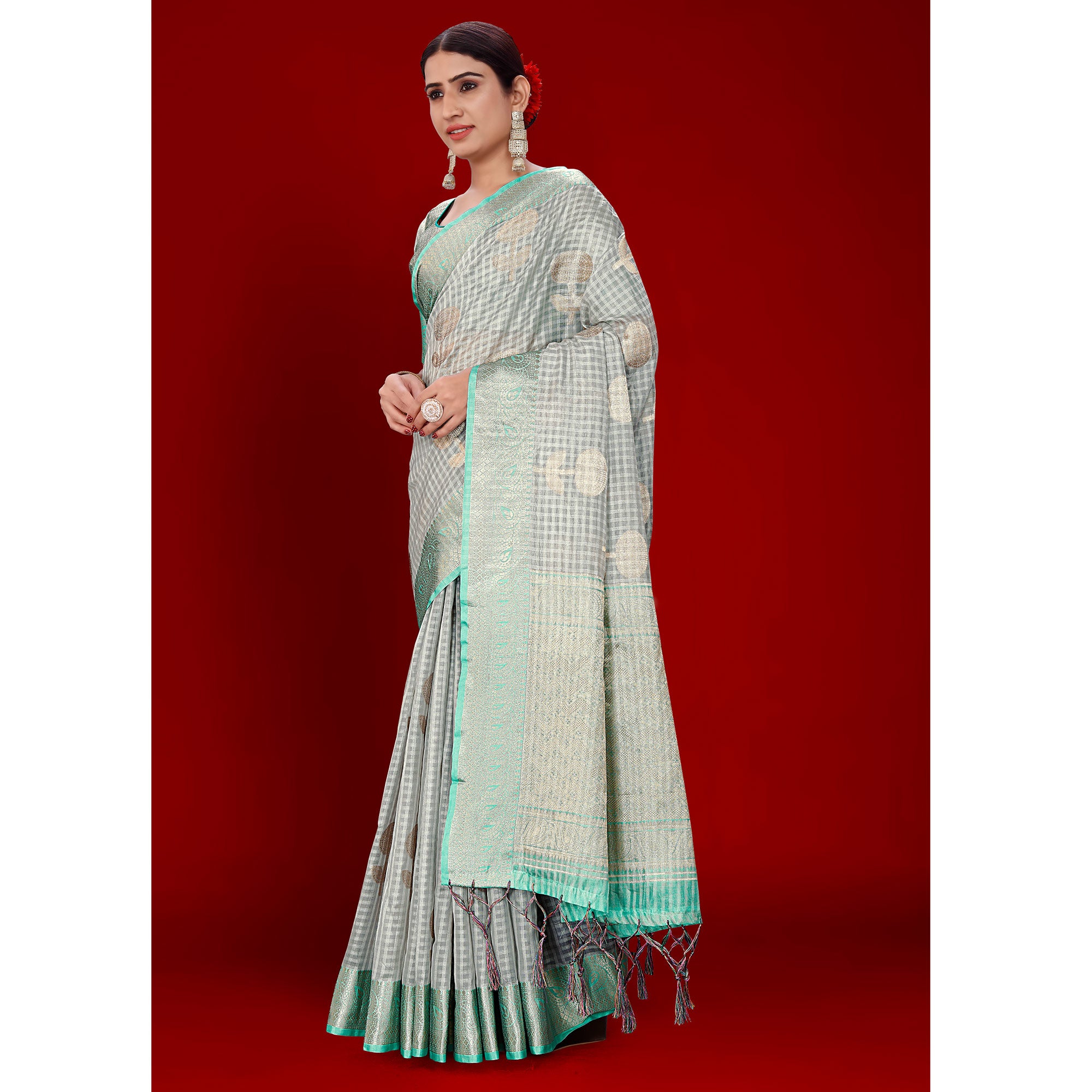 Grey Floral Woven Organza Saree With Tassels
