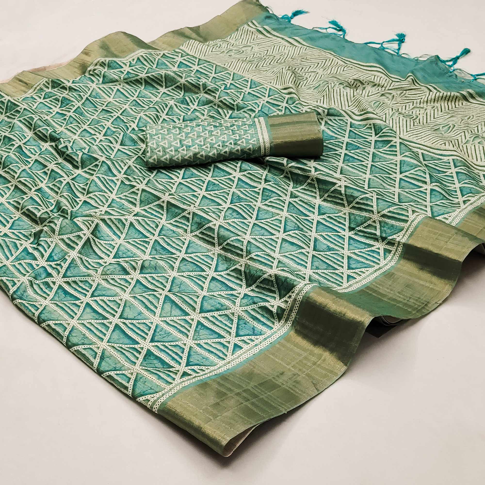 Turquoise Printed Matka Tussar Saree With Tassels