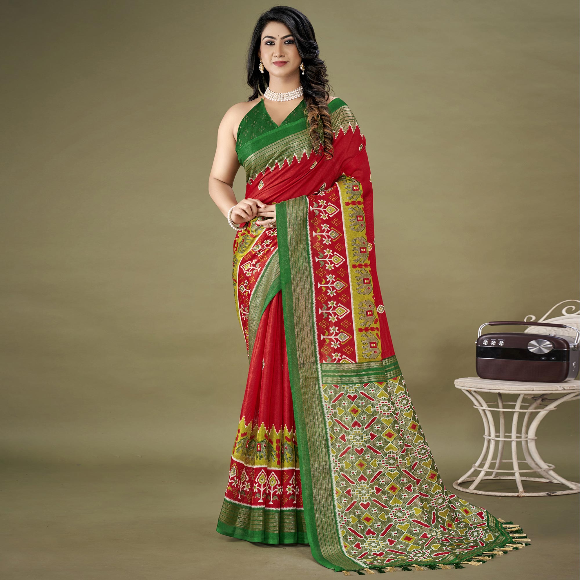 Red Printed Jute Patola Saree