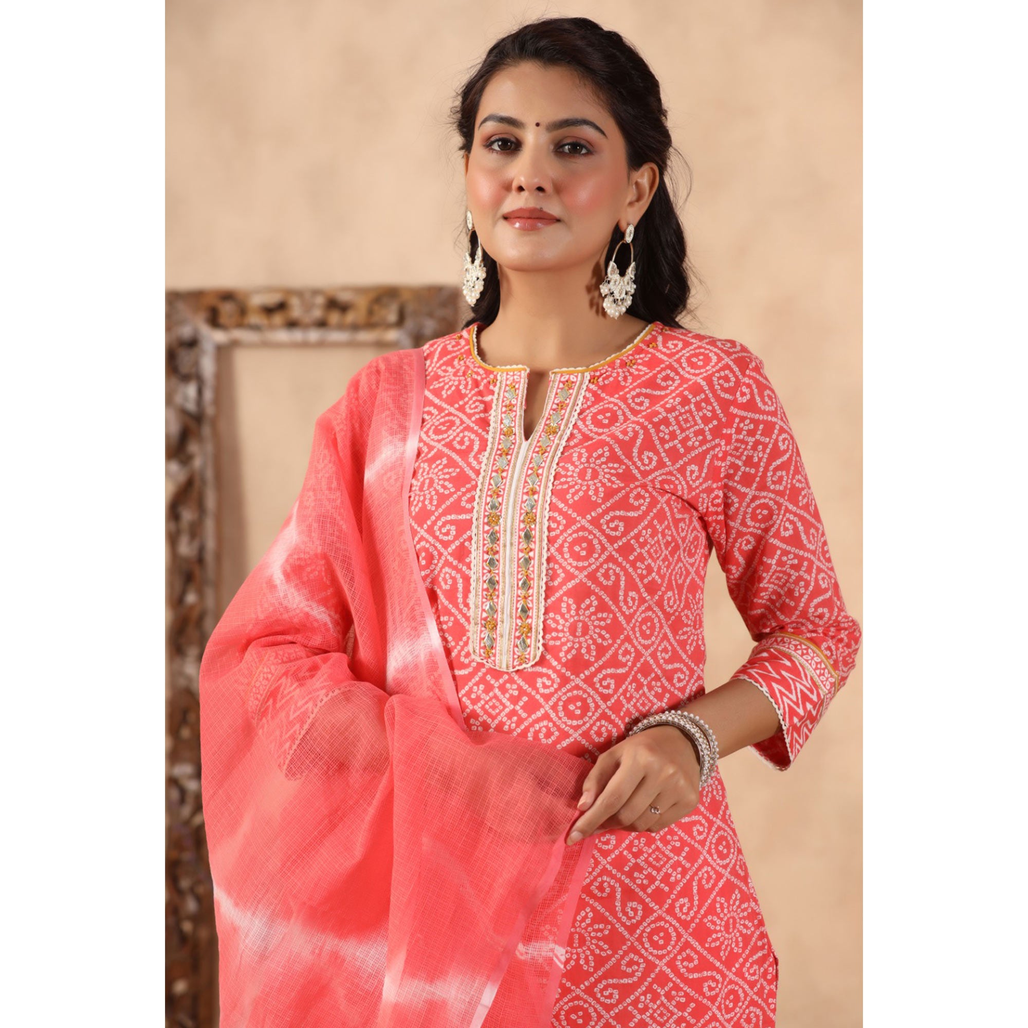 Peach Bandhani Printed Pure Cotton Suit