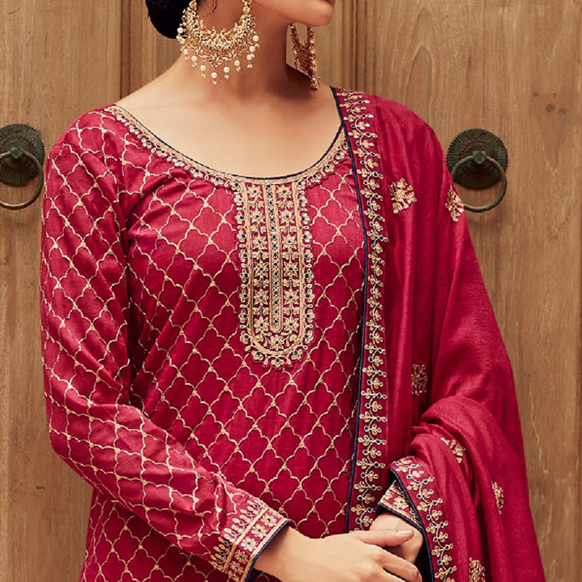 Pink Floral Embroidered Art Silk Palazzo Suit