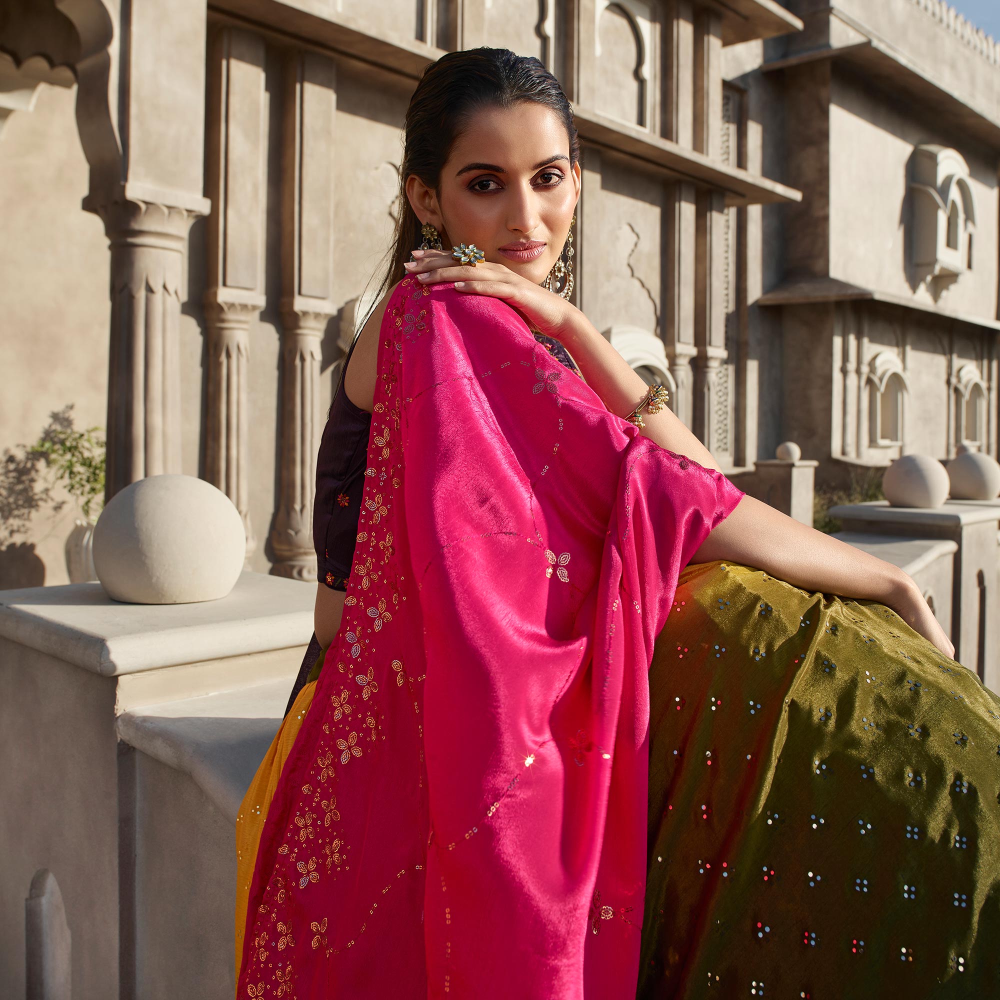 Mustard & Olive Green Embellished Mirror Work Georgette Lehenga Choli